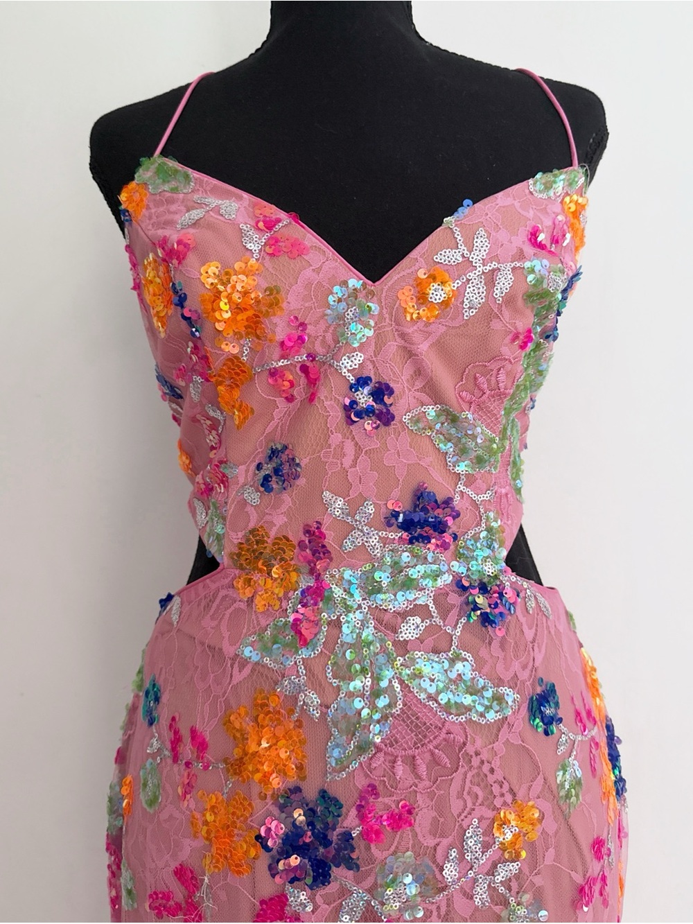 Mac Duggal Pink Floral Sequin Backless Lace-Up Evening Gown Maxi Beaded Dress 6 - Picture 5 of 12